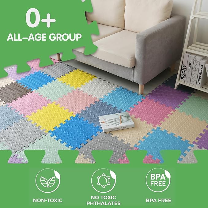 16 Tiles Foam Play Mat for Baby, Soft & Safe EVA Foam Mats for Floor, Square Baby Play Mat, Kids Foam Puzzle Floor Mat, 47x47 Play Mat for Playpen(Bean Green/Light Blue)