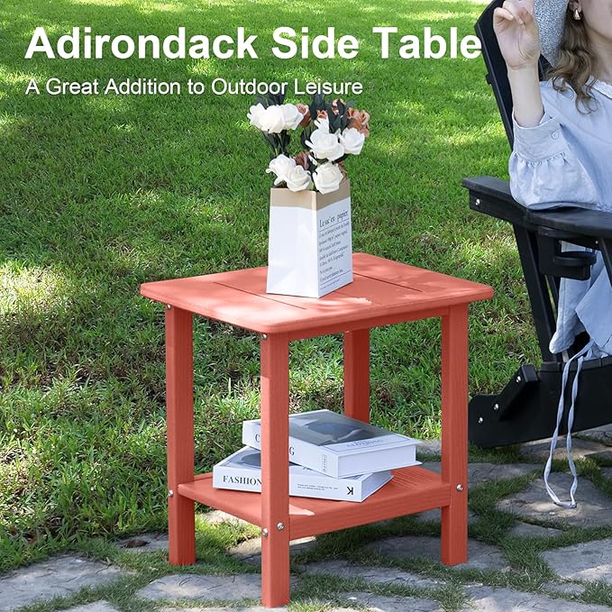 Outdoor Side Table - 2-Tier Storage All Weather Outdoor End Table for Patio - HDPE Morden Easy Maintenance Adirondack Side Table for Pool Porch Balcony Garden Lawn Backyard Outside Indoor