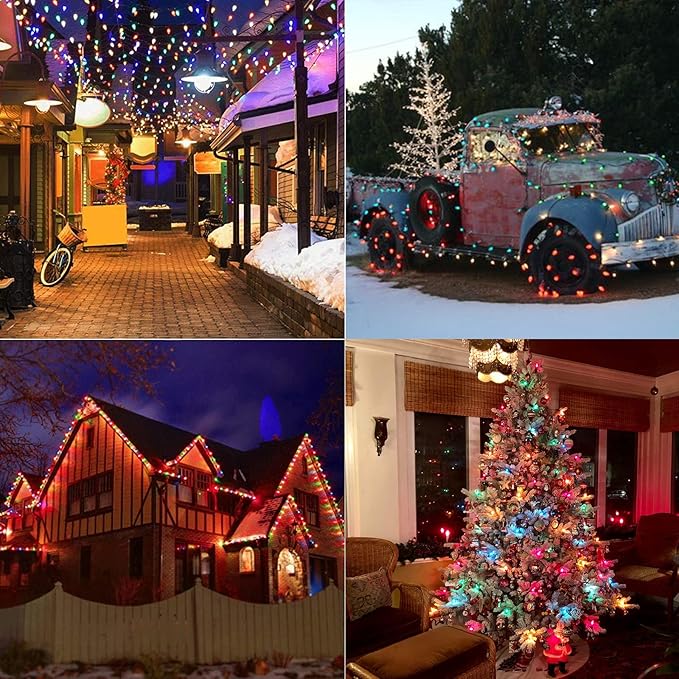 25Ft Outdoor Multicolor Ceramic Christmas String Lights,C9 Vintage Opaque Christmas String Lights for Patio Garden Christmas Tree Decoration,C9/ E17 Candelabra Base, Green Wire