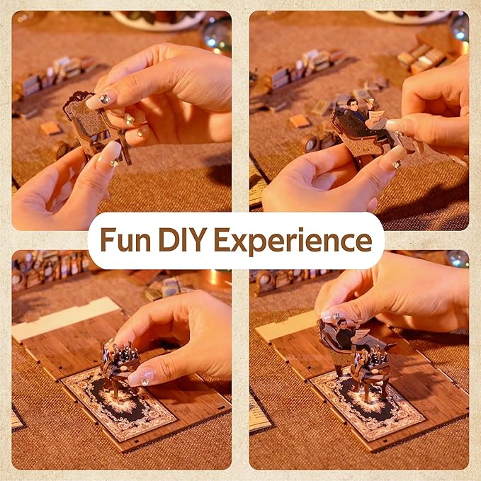 Tonecheer DIY Book Nook Kit for Adults, Wooden 3D Puzzle Bookend Bookshelf Insert Decor, Detective Booknook Miniature House Kit with Dust Cover and Body Motion Sensor LED (Violin Detective Agency)