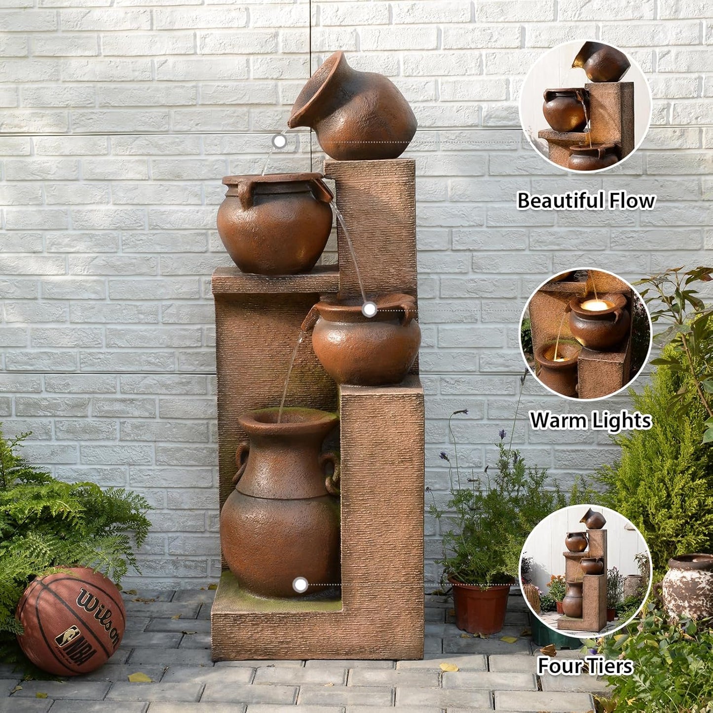 53" H Patio Water Fountain-The 4 Cascading Modern Feature Crocks Garden Fountains and Waterfalls with Warm Lights for Porch, Deck, Patio, Backyard Home Décor (Gold)