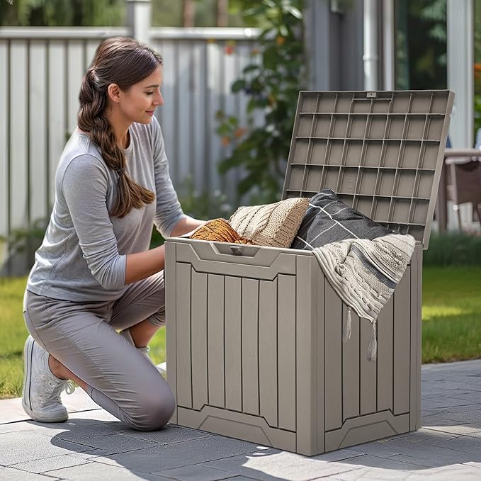 YITAHOME 31 Gallon Outdoor Storage Box, Resin Deck Box and Waterproof Package Delivery Box for Gardening Tools, Pool Supplies, Patio Furniture, Lockable, Taupe