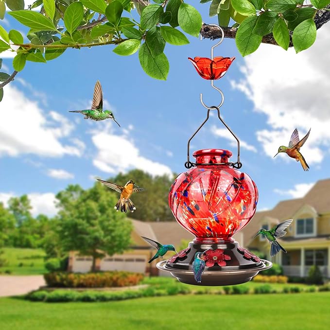 BOLITE Hummingbird Feeder, Hand Blown Glass Hummingbird Feeders for Outdoors Hanging, with Ant Moat and 5 Feeding Ports, 22 Ounces, Peony Flower Shape, Red, Gifts for Women Men, Gifts for Mom Dad