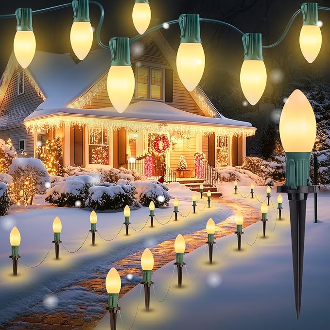 Brightown Frosted C9 LED Christmas Lights Outdoor, 32Ft Pathway Lights with 25 LED Bulbs, Warm White
