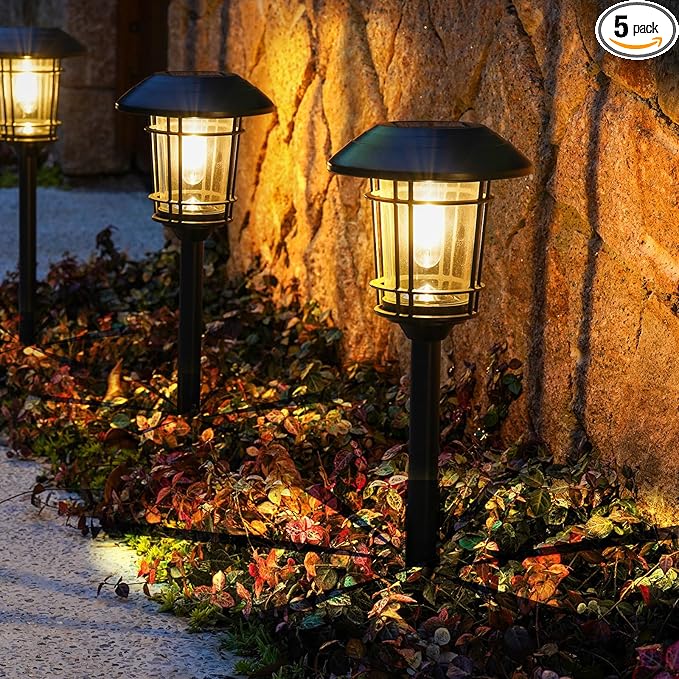 Grand patio Solar Outdoor Lights, 5 Pack, Glass Light Metal Pathway Light, Waterproof Landscape Lighting, Automatic Dusk and Dawn Sensor (Slate Gray)