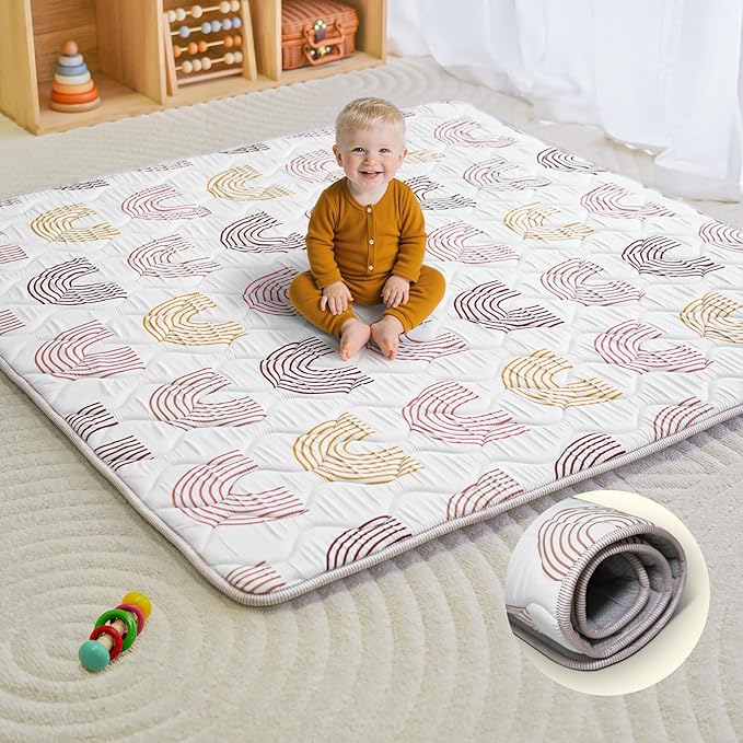 Baby Play Mat, 50x50 Playpen Mat, Thick Soft Foam Playmats for Baby, Foldable and Washable Crawling Mat for Floor (Rice Rainbow)