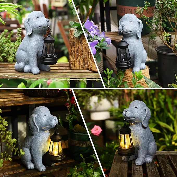 Solar Dog Statues for Garden Decorations Solar Garden Statues for Patio, Balcony, Yard Ornament Unique Housewarming Gifts Figurine Lights, Gray
