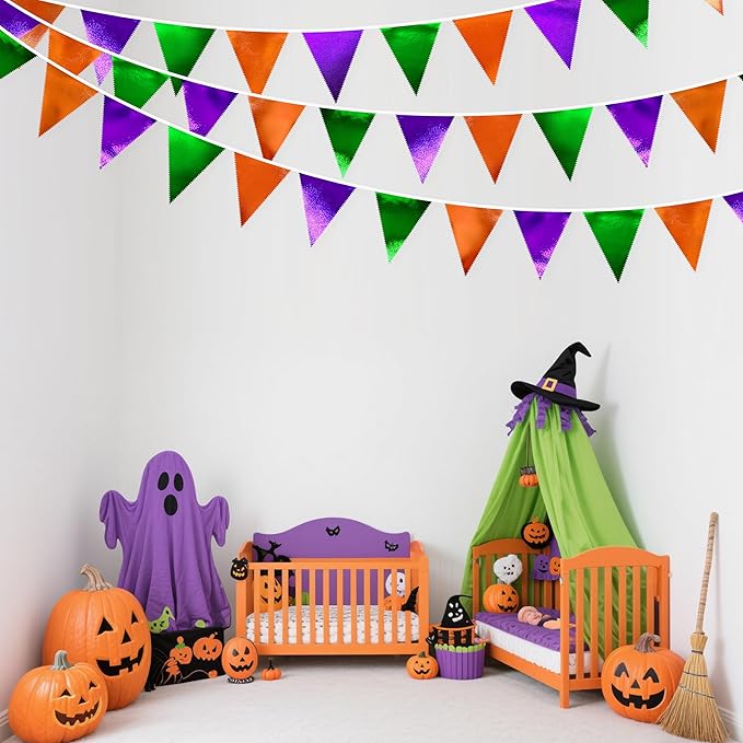 Halloween Party Decorations Metallic Fabric Green Orange Purple Triangle Pennant Banner Flag Bunting for Trick or Treat Spooky Hey Boo Happy Halloween Holiday Birthday Baby Shower Party Supplies