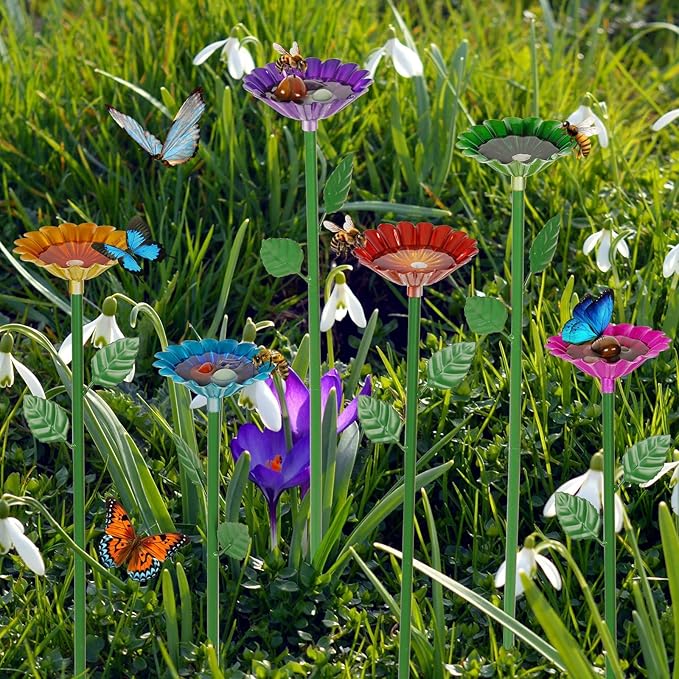 6 Pack Bee Watering Station, Bee Bath for Garden Metal Bee Water Feeder with Flower Design, Colorful Butterfly Bee Bath Bowl for Outdoor Garden Yard Decor