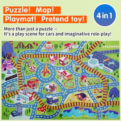City PlayMat Jumbo Floor Puzzle for Kids Ages 3-8，60-Piece Large Jigsaw Puzzles, Town Map with Race Tracks & Train Tracks，Educational Toy for Pretend Play, Ideal Gift for Preschoolers