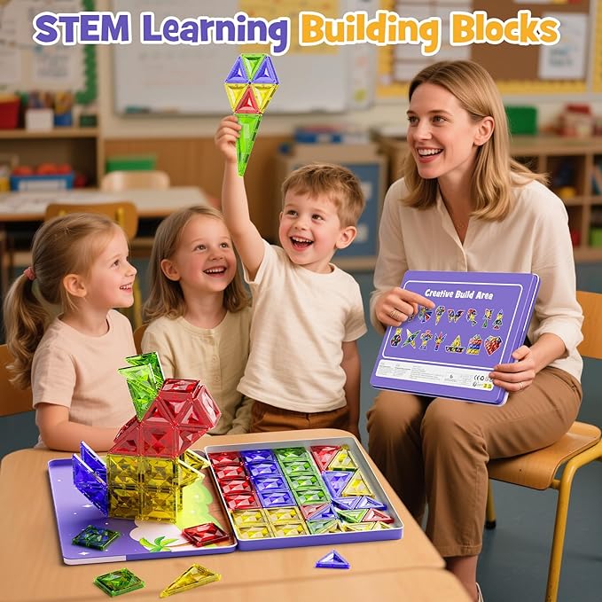 60pcs Diamond Magnetic Tile, Mini Magnetic Building Blocks Magnet Toy with Iron Box, STEM Educational Montessori Indoor Building Kit for Toddlers Preschool Boys Girls Age 3+ Classroom Must Haves
