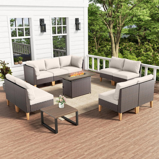 HUMMUH 11 Pieces Patio Furniture Set with Fire Pit,Outdoor Modular Sectional Couch Loveseat Chairs with Table,All Weather PE Wicker Patio Conversation Sets for Deck Porch Backyard
