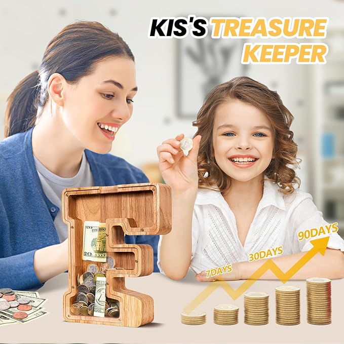 KMC Wooden Letter Piggy Bank, Personalized Initial Piggy Bank for Kids Boys, Clear Alphabet F Wood Money Box, Unbreakable Coin Saving Jar, Birthday, for Children