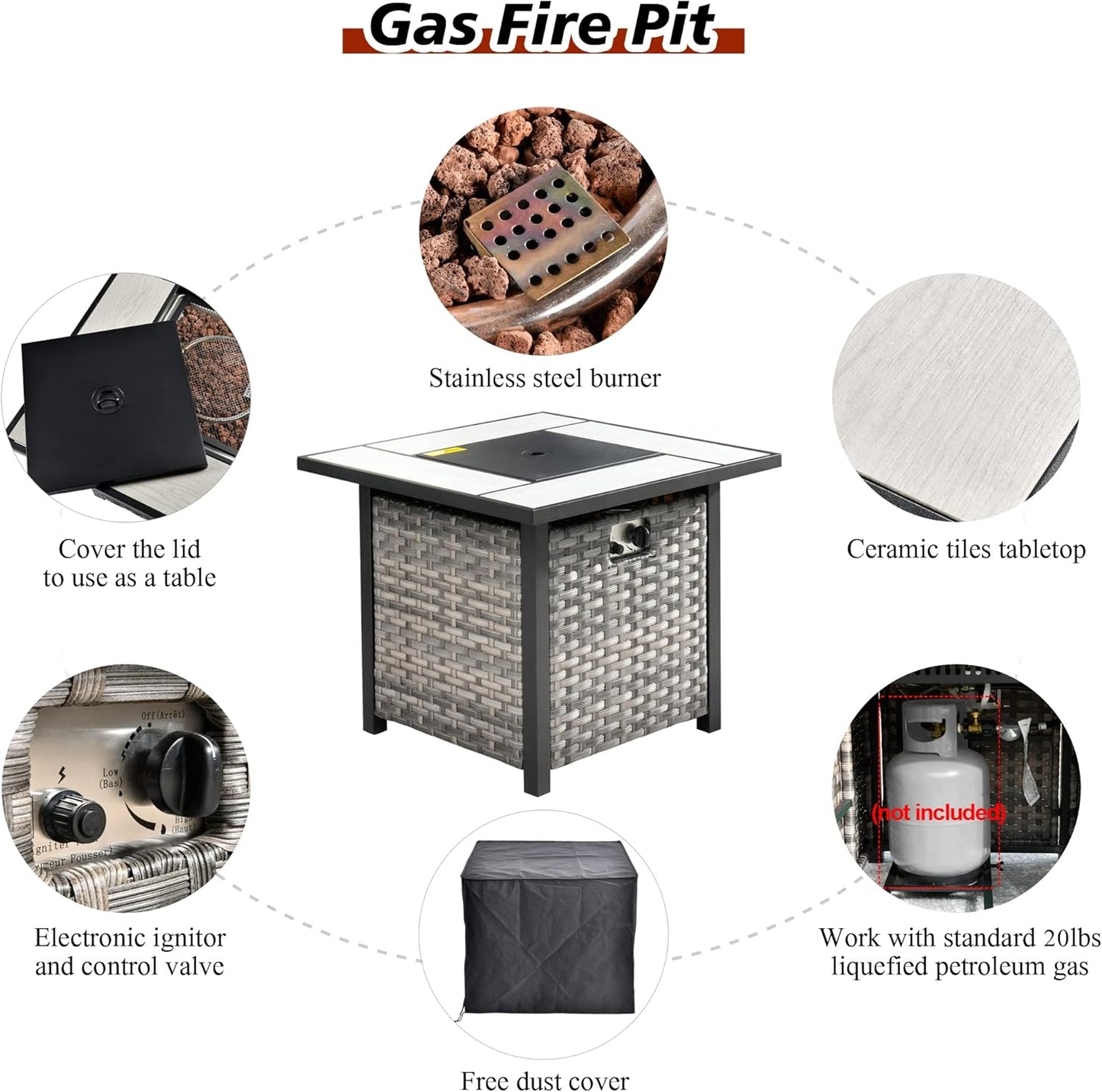 HOOOWOOO 10 Piece Modular Patio Outdoor Sectional Furniture Set with Gas Propane Fire Pit Table,Wicker Conversation Sofa Set with Swivel Chairs,Outside Couch Set(Orange Red)