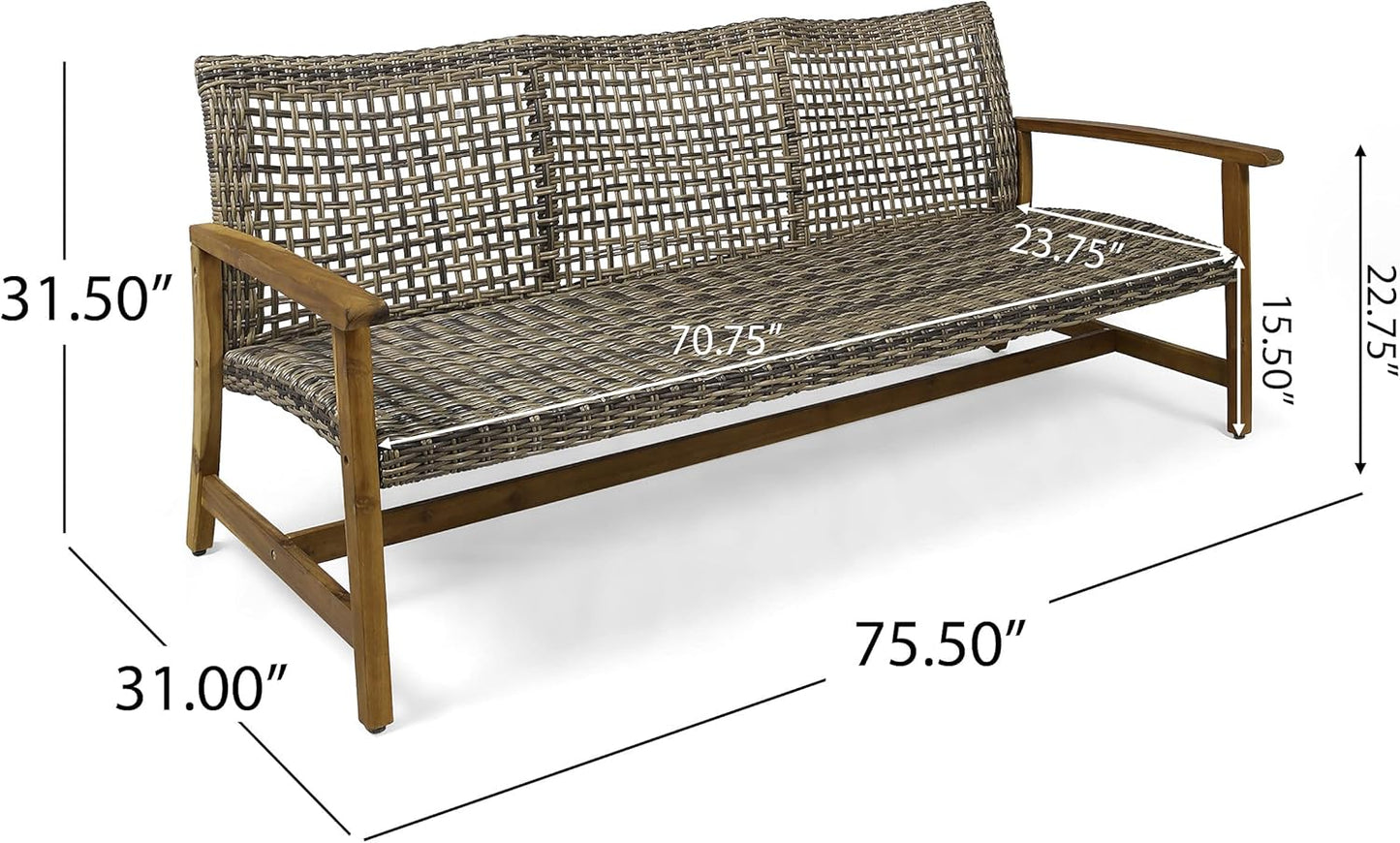 Christopher Knight Home Marcia Outdoor Wood Sofa, Wicker, 75.50 x 31.00 x 31.50, Gray, Natural Stained Finish