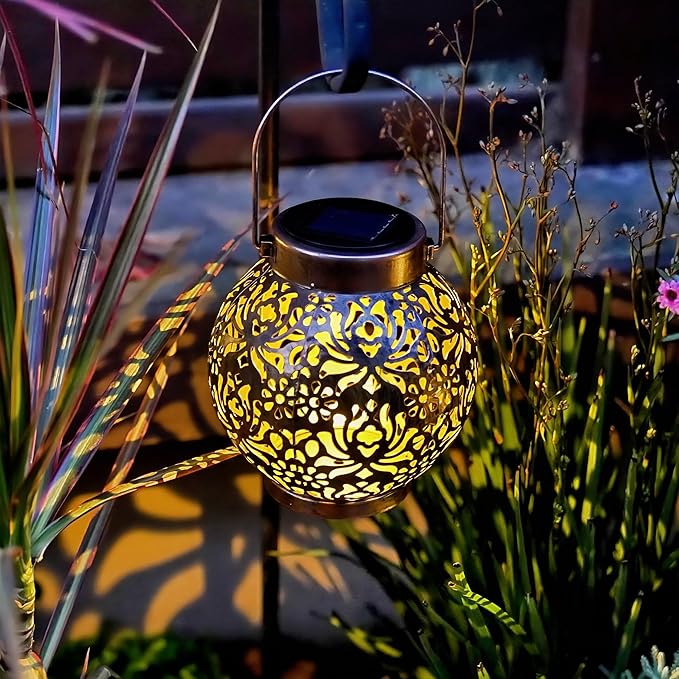 2 Pack Outdoor Solar Hanging Lantern Light LED Decorative Christmas Light for Garden Patio Courtyard Lawn and Tabletop with Hollowed-Out Design. Unique Gardening Gifts for Women.