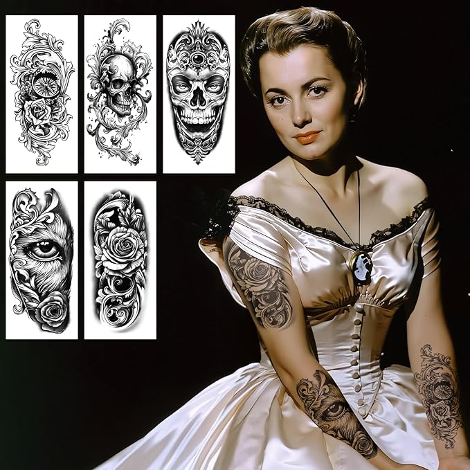 47 Sheets Baroque Temporary Tattoo for Women Men, 17 Sheets Half Arm Large Cross Skull Poker Angels Fake Tattoos, 30 Sheets Lion Flowers Tiny for Adult Kids Body Tattoos Stickers Realistic