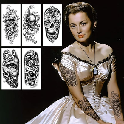 47 Sheets Baroque Temporary Tattoo for Women Men, 17 Sheets Half Arm Large Cross Skull Poker Angels Fake Tattoos, 30 Sheets Lion Flowers Tiny for Adult Kids Body Tattoos Stickers Realistic
