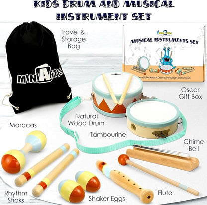 MINIARTIS Toddler Musical Instruments - Montessori Wooden Musical Toys for Toddlers 1-3 | Modern Boho Baby Drum Set with Neutral Colors Percussion Instruments | Kids Preschool Educational 3+