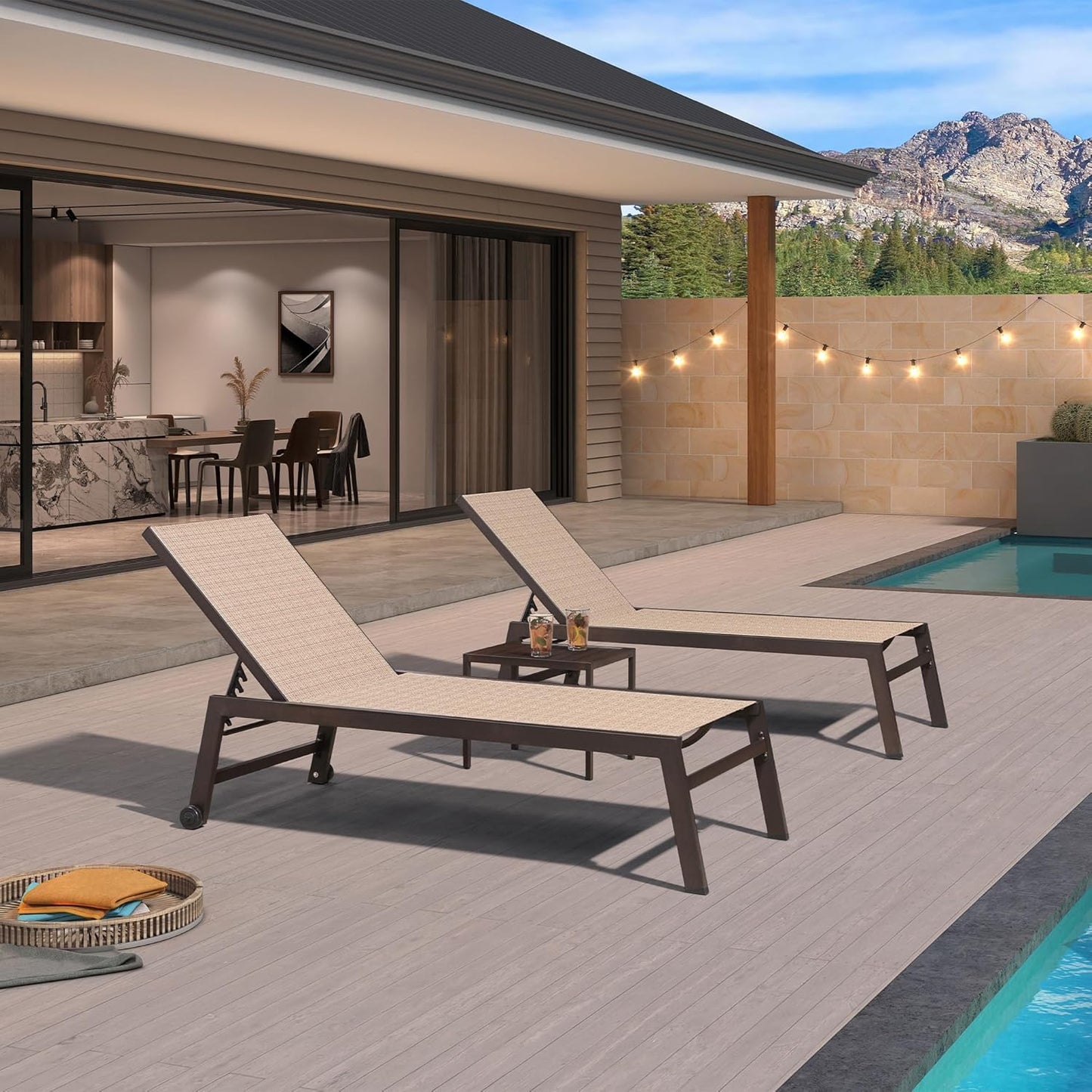 PURPLE LEAF Oversized Patio Lounge Chairs Set of 3, Reclining Pool Lounge Chairs with Side Table and Wheels for All Weather for Outdoor, Deck, Lawn, Aluminum Outside Pool, Light Tan