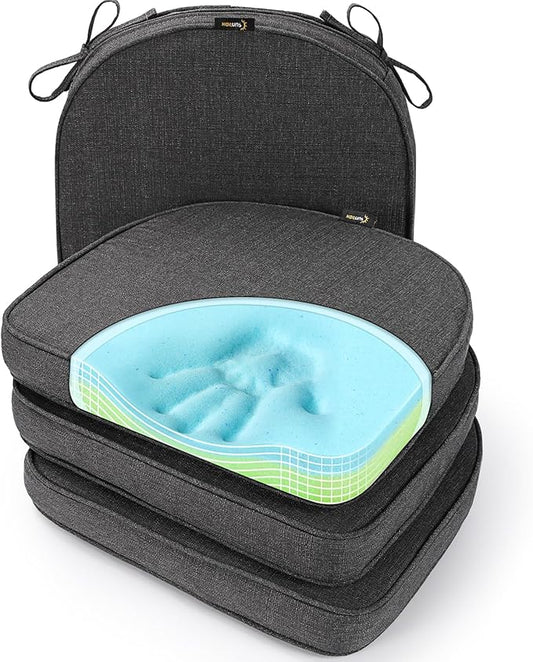 SUNROX Gel Memory Foam Chair Cushions, FadeShield Water-, Stain-Resistant Durable Reversible Seat Cushion Pads with Ties for Indoor/Outdoor Kitchen Dining Office, 19"x19", Set of 4, Midnight