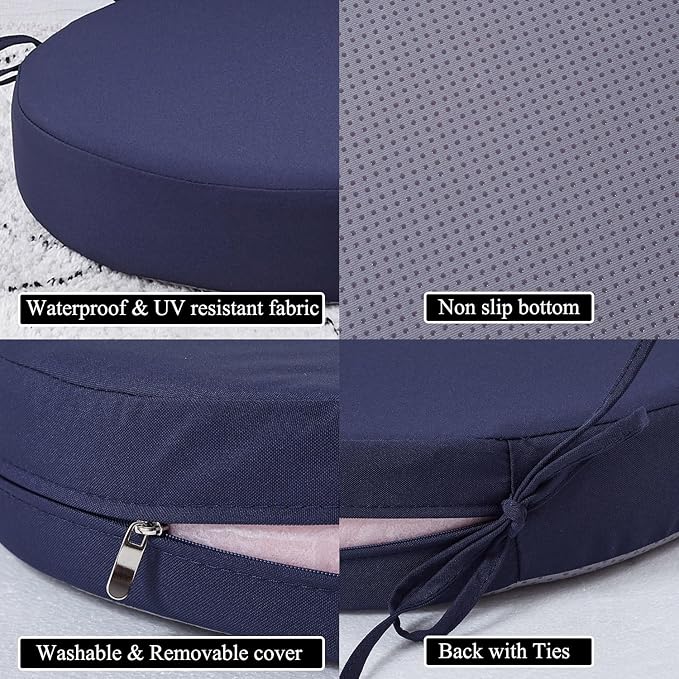 15 x 15 Inch Round Cushions for Outdoor Furniture Non-Slip Waterproof Patio Bistro Chair Cushion with Ties Bar Stool Seat Cushion for Kitchen Chairs Set of 2, Navy Blue