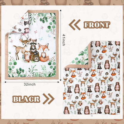 3 Pcs Baby Crib Bedding Set Safari Animals Dinosaurs Bear Woodland Animals Jungle Crib Set Includes Quilt, Fitted Sheet, Skirt for Baby Boy Girl(Green,Woodland Raccoons Deer Etc.)
