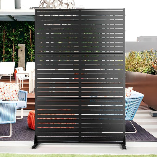 Metal Privacy Screen with Stand 72" H×47" W Outdoor Freestanding Privacy Screen & Panels, Outdoor Privacy Screen for Deck Patio Balcony(Black-Louvered)