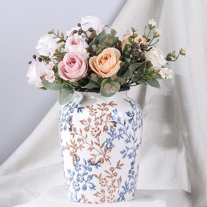 Vintage Vase for Flowers,Blue Chinoiserie Ceramic Vase,Rustic Farmhouse Cracked Vases,for Flower Arrangement,Living Room, Office, Shelf, Fireplace Tables,Centerpieces,Chinoiserie Pottery Decor(C)