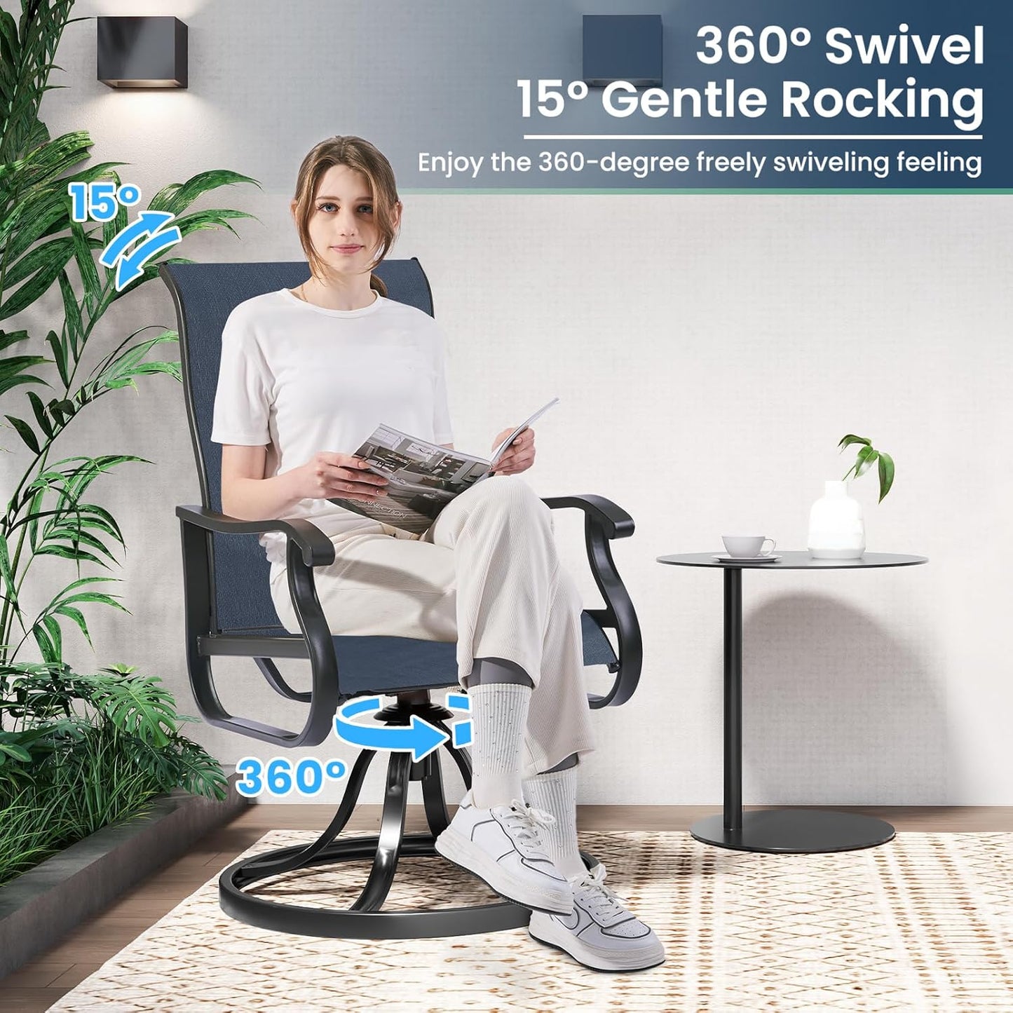 Amopatio Patio Swivel Chairs Set of 8, Outdoor Swivel Rocker Dining Chairs with All Weather Textilene High Back & Metal Frame, for Backyard Deck Lawn Garden, Navy Blue