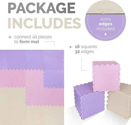 TOYVELT Ultimate Foam Play Mat Set 12x12-16 Interlocking Floor Tiles for Kids - Non Toxic, Colorful Foam Puzzle Mats - Safe and Durable - Ideal Play Mat for Toddlers 1-3 - Pink-Purple-Beige