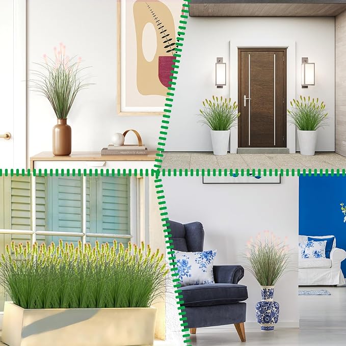 Artificial Grass Plants Outdoor 12 Bunches Fake Onion Grasses with Plush Fake Shrubs Plant Flowers Faux Greenery Wheat Sea Grass for Outside Garden Indoor House Home Office Room Décor (Green & Red）