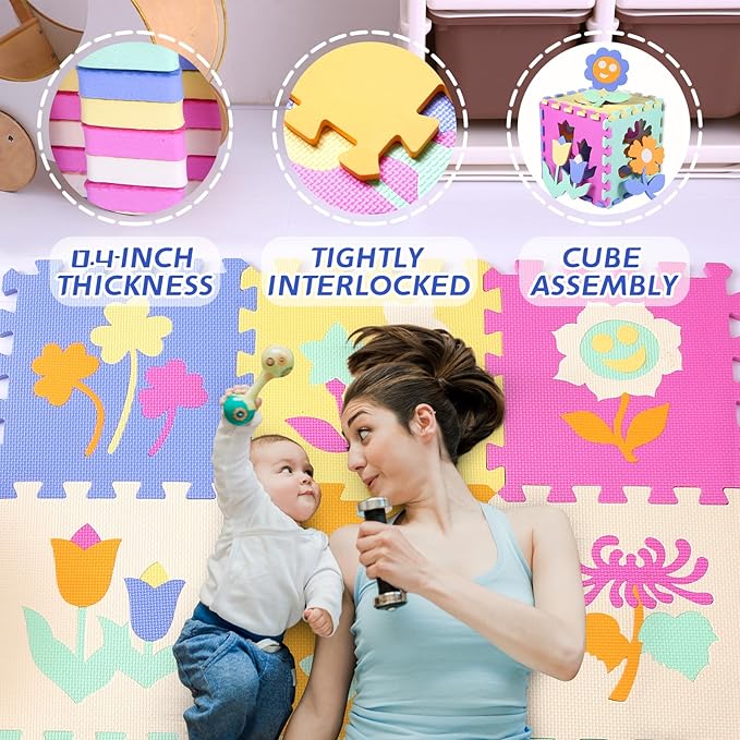 Coolcandy Baby Play Mat Without Fence, 9Pcs Interlocking Puzzle Floor Mat, 0.4" Thick Non-Toxic EVA Foam Play Mat, for Infants & Toddlers 3-36 Months, Soft Puzzle Tiles for Play Areas