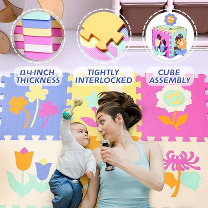 Coolcandy Baby Play Mat Without Fence, 9Pcs Interlocking Puzzle Floor Mat, 0.4" Thick Non-Toxic EVA Foam Play Mat, for Infants & Toddlers 3-36 Months, Soft Puzzle Tiles for Play Areas