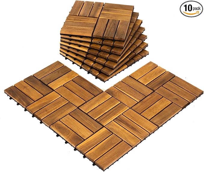 Pack of 10 Deck Tiles - 12"x12" Interlocking Natural Solid Acacia Wood for Outdoor & Indoor, Patio Garden, Balcony, Poolside - Natural Color