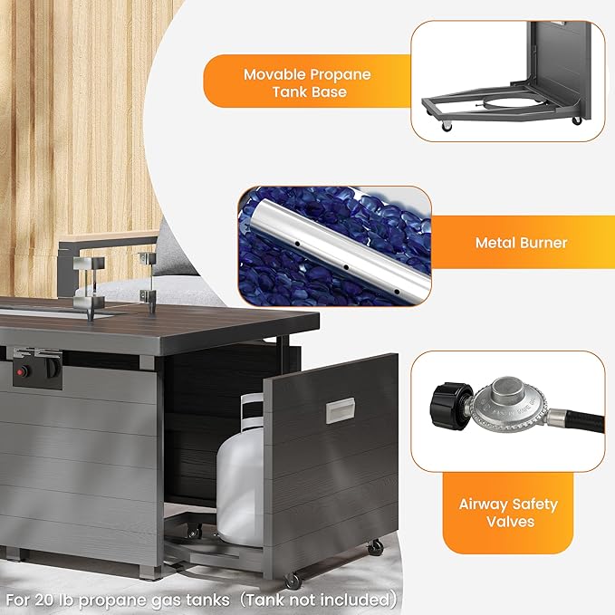 Sundale Outdoor 51 Inch Outdoor Fire Pit Table, 50,000 BTU Rectangle Propane Fire Pit with Glass Wind Guard, Rain Cover, Removable Lid, Matching with Outdoor Furniture Sets, CSA Certified, Gray