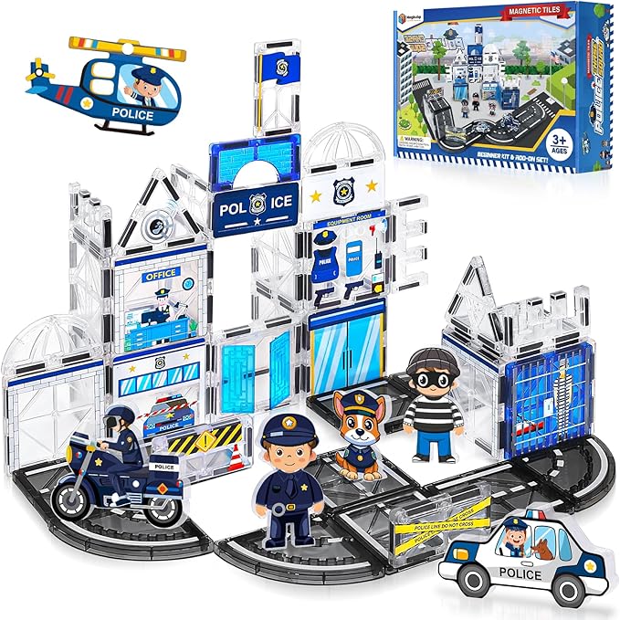 60PCS Police Station Magnetic Tiles Set with 6 Magnetic Dolls,Magnet Tiles Building Blocks for kids,Toy for Boys 3-5 4-8-12 Gifts,STEM City Police Toys Include Policeman,Puppy,Criminal,Vehicles,Prison