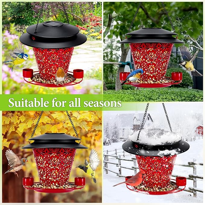 Solar Bird Feeders for Outside Hanging Metal Wild Bird Feeder Solar Lanterns Outdoor Waterproof Garden Decor for Yard red