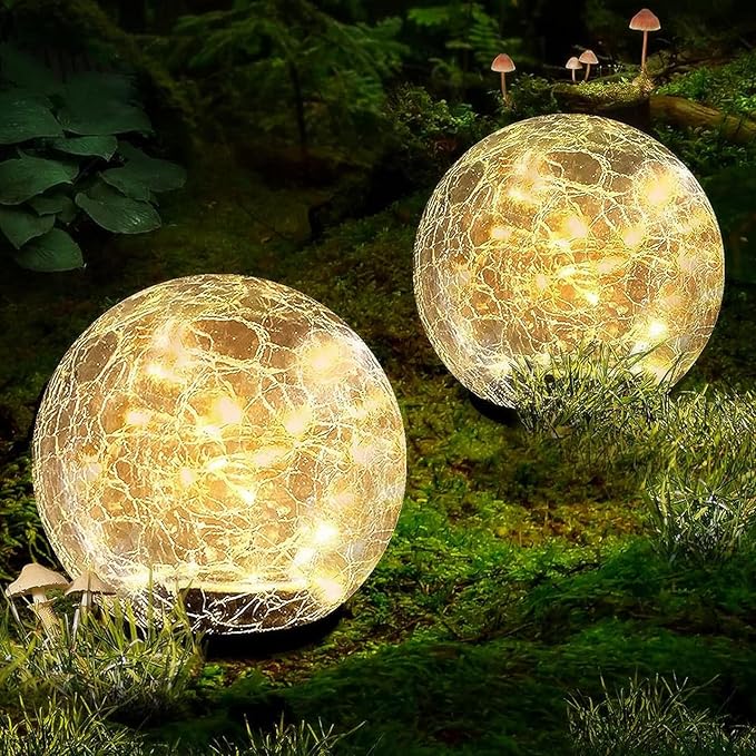 Garden Solar Ball Lights Outdoor Waterproof, 50 LED Cracked Glass Globe Solar Power Ground Lights for Path Yard Patio Lawn, Christmas Decoration Landscape Warm White(2 Pack 4.7'')
