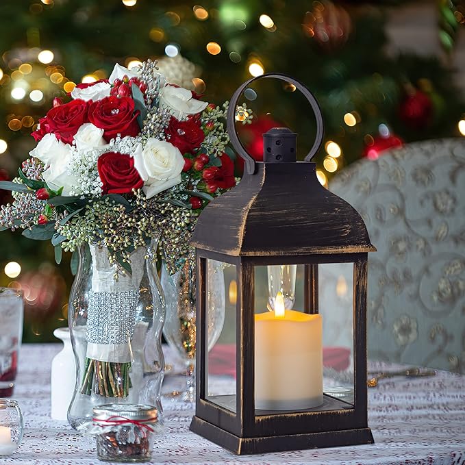 Vintage Lantern Decorative LED Flickering Flameless Candle with Timer, Battery Powered LED Decorative Hanging Golden Brushed Black Lanterns for Indoor Outdoor Garden Yard Home Decor(1 Pack)