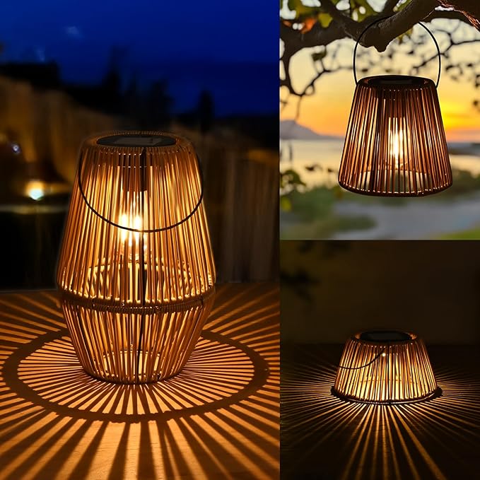 Uspring 3-in-1 Solar Lanterns Outdoor Waterproof Rattan Woven Hanging Solar Lights for Outside with Bright Lamp & LED Bead & 2 Handles, Garden Gifts Decor for Women Mom Patio Backyard Porch Deck