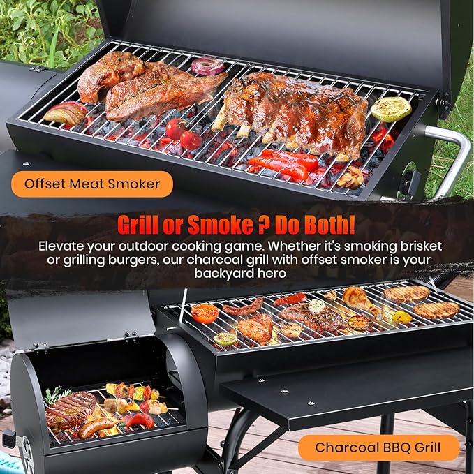 Charcoal Grill Offset Smoker: Charcoal Barbecue Grills with Spacious Cooking Area | Barrel BBQ Grill and Smokers Combo for Outdoor Patio Backyard Camping and Parties
