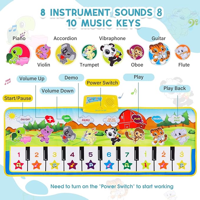 M SANMERSEN Piano Mat, 39.5" X 14" Musical Mat 8 Instrument Sounds Piano Mat for Toddlers Touch Play Dancing Mat Toy for 1 2 3 Year Old Girls Boys Gifts