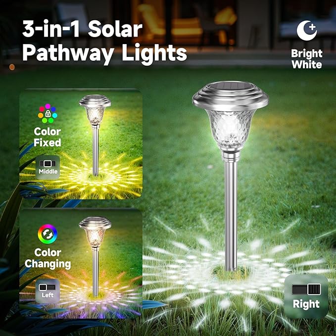 BEAU JARDIN 8 Pack Solar Pathway Lights Outdoor Stainless Steel Lights Solar Powered Waterproof Glass High Lumen Garden Landscape Path Yard Walkway Driveway Outside Color Changing Cool White Silver