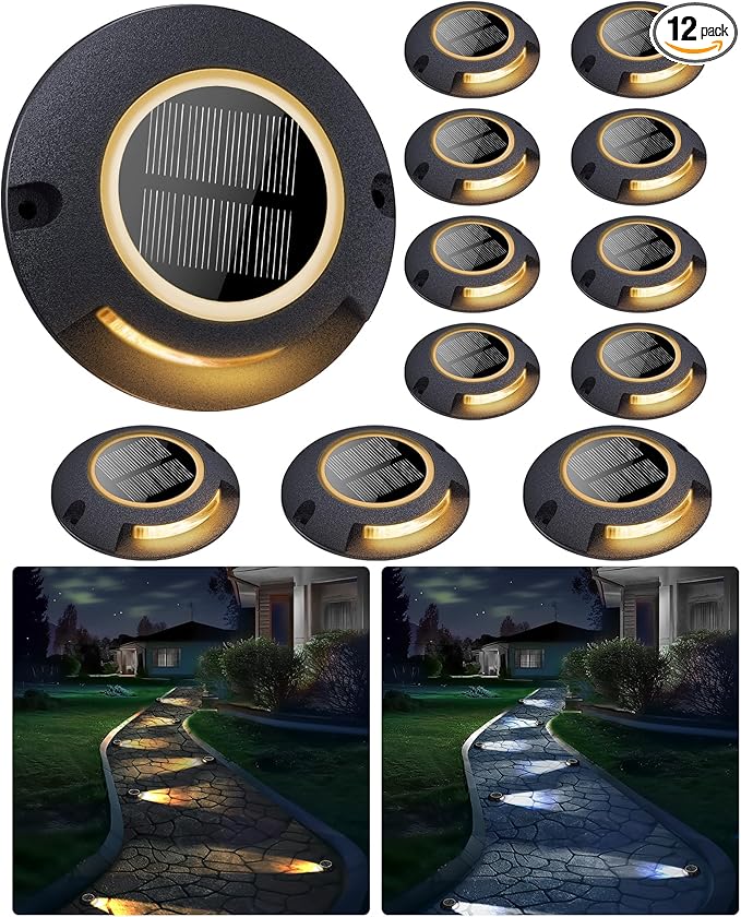 Solar Deck Driveway Lights, 12 Pack Solar Marina Dock Lights Outdoor Waterproof IP68, 2 Colors in 1 Outdoor Driveway Marker for Warning Stair, Sidewalk, Pathway, Patio, Garden Decor