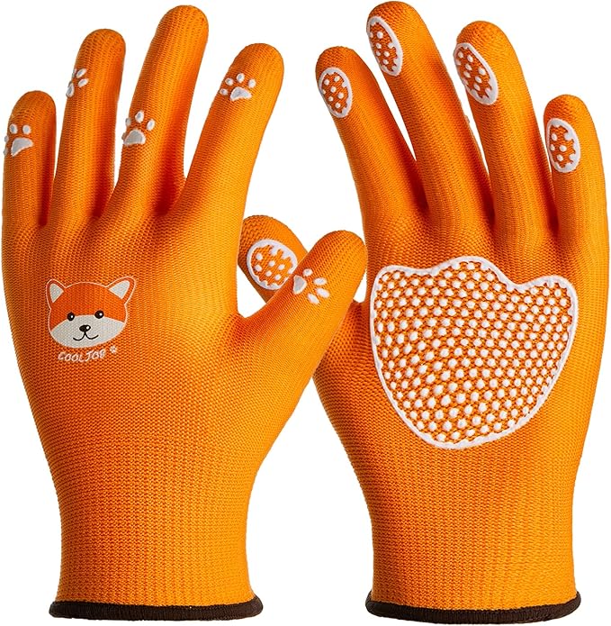 COOLJOB Medium Toddler Gardening Gloves for Little Boys Girls Ages 4-6, Breathable Kids Work Gloves with Grippy Animal Paw Dots for Children Yard Landscape, Orange Dog, 1 Pair