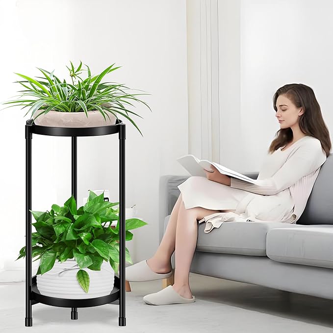 2 Tier Plant Stand Indoor Tall,Metal Flower Pot Holder Stands for Outdoor,Round Heavy Duty Corner Plant Shelf Black for Patio Garden Balcony Living Room Bedroom