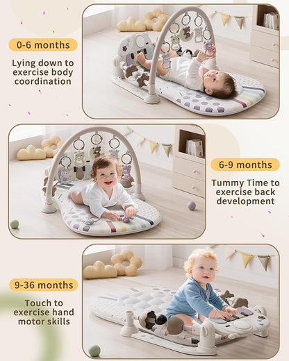 Baby Gym with Kick and Play Piano, Baby Play Mat Tummy Time Activity Gym Mat with 5 Infant Sensory, Music & Lights Boy or Girl for Newborn 0 to 3 6 9 12 Months