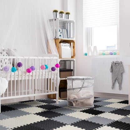 Shihanee Foam Floor Baby Tiles Foam Floor Mats Play Mats Bulk with Borders Interlocking for Kids Baby Playroom Nursery Gym (Black, White and Gray,64ft)