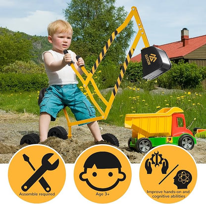 Elevon Sand Digger Kids Rolling Excavator Ride On Toy, Beach Toys Outdoor Sandbox Toy Digger, Steel Excavator Crane Rotates 360 with 4 Wheels, Sand Toys Backyard Sandbox, Dirt and Snow - Yellow